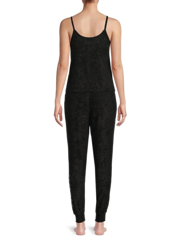 Juicy Couture Ladies Gunmetal Crystal Diamond Bling Black Velour Spaghetti Strap Tank & Pants 2-Piece Sleepwear Loungewear Set