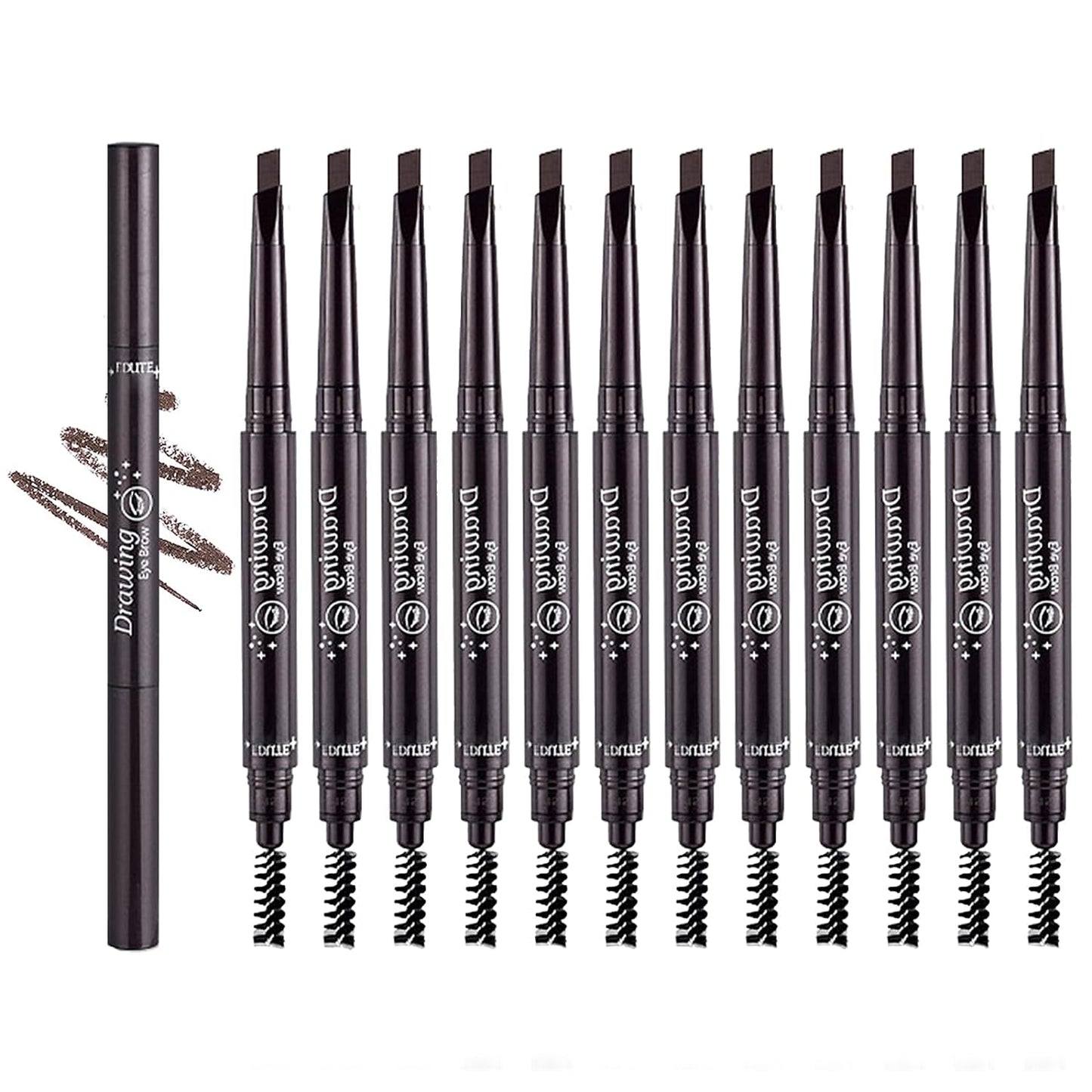 Jutqut 12PCS Medium Brown Eyebrow Pencil Eyeliner Set, Double Head Waterproof Eye Brow Pencil with Eyebrow Brush, Easy to Color, Long Lasting Eye Liner Pen for Women Professional Eye-Makeup