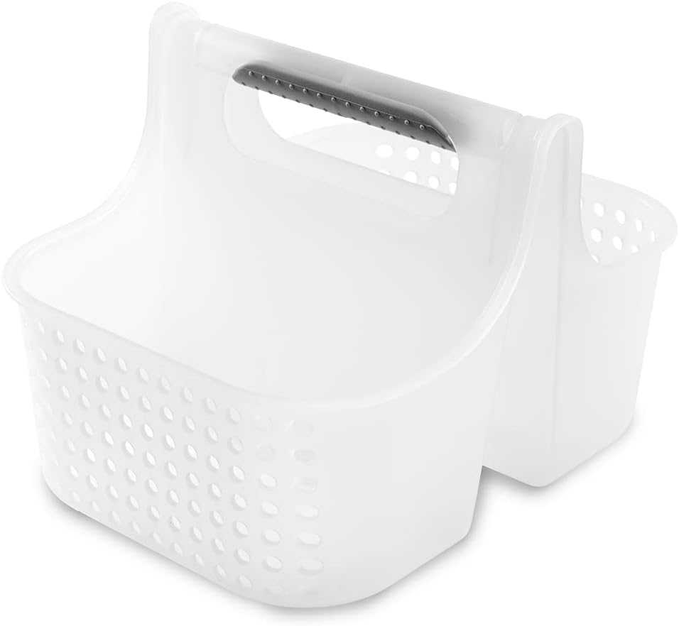 Madesmart 2-Compartment Soft Grip Shower Tote for Bathroom Organization, Plastic Storage Shower Caddy Bucket, Small, Frost