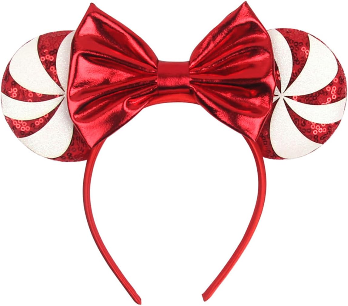 Christmas Mouse Ears Headband Peppermint Snowflakes Hairband Sequin Bow Hair Hoop Headpiece for Party Favors