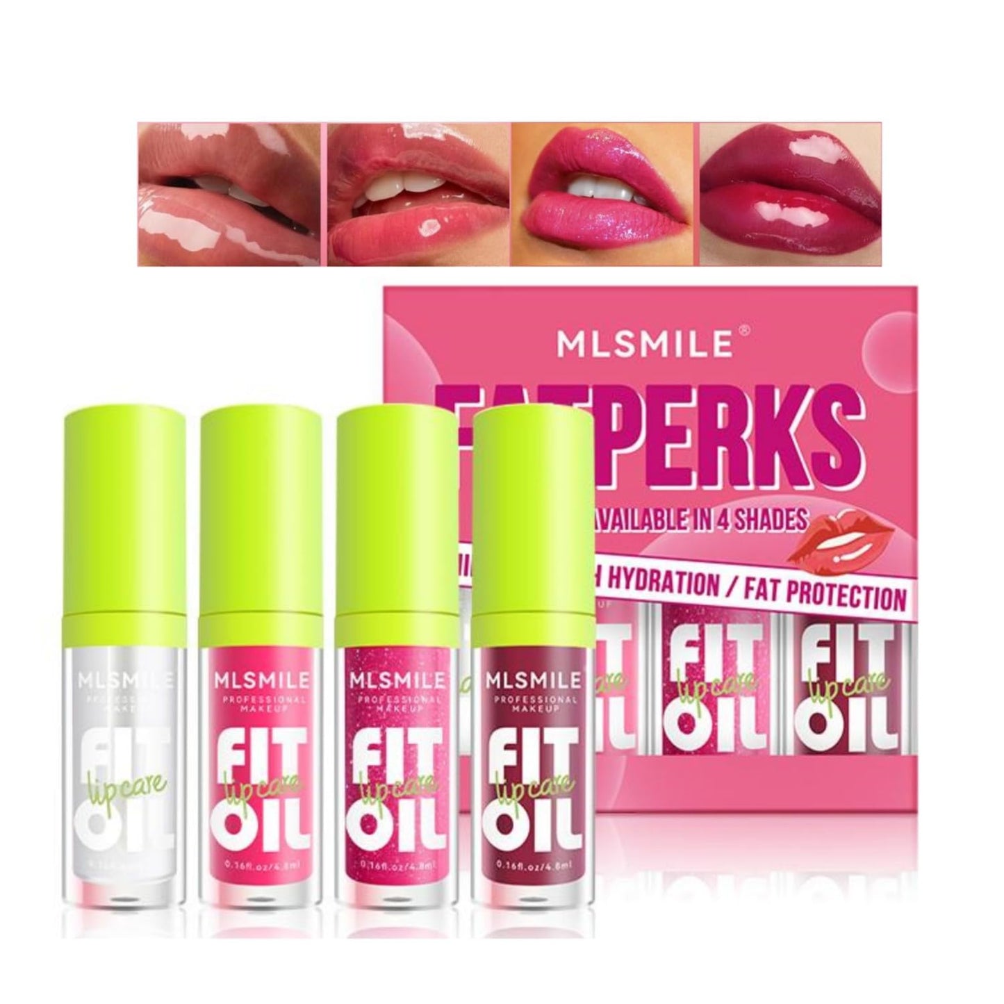 JRSIGN 4 Colors Fat Lip Oil,Fat Lip Oil Drip,Lip oil Lip gloss Lip Glaze,Shiny Transparent Lip Gloss Plumping, Hydrating Lip Glow Oil,Long Lasting Nourishing Non-sticky Fresh Clear Smooth Lip (SetA)