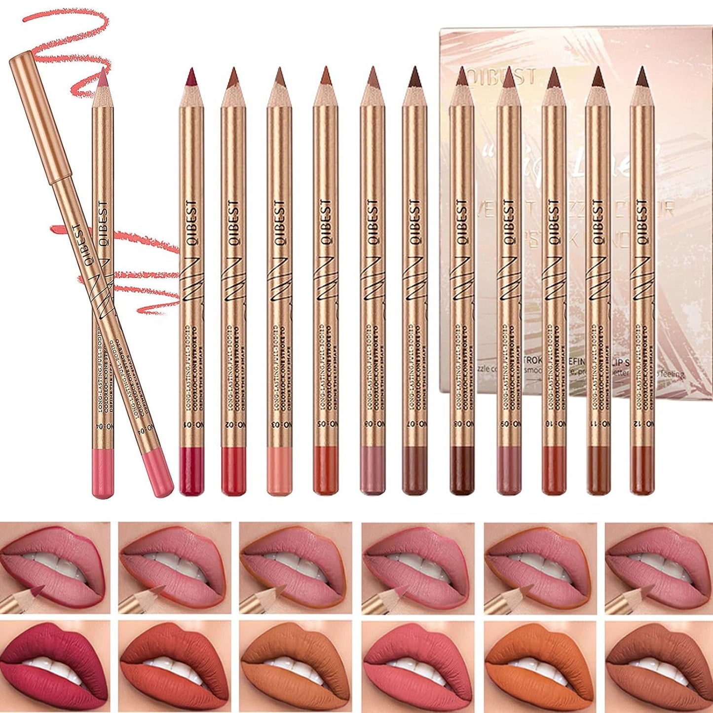 DENESTUP 12 pcs Lipstick Pencil Matte Lip Liner Set, Plump Nude Lip Shape No Smudge Longwear Non-sticky High Pigmented Natural Lip Gloss Primer Makeup (A)