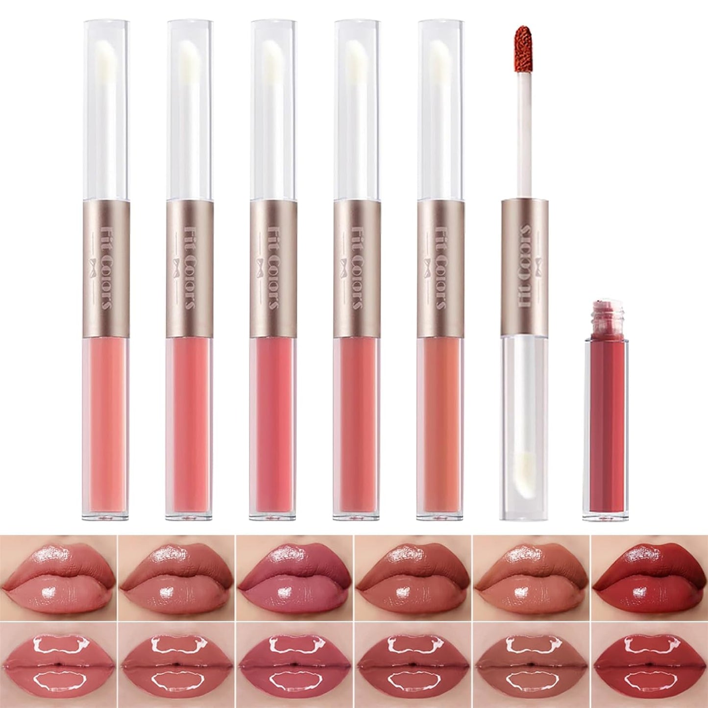 KIMIEYE 6 Colors Liquid Lipstick with Clear Lip Gloss Set, Long Lasting Waterproof Lip Tint Stain with Shimmer Oil for Natural Lip Look, Dual-ended Design, Matte Finish, Non-sticky, 0.8 fl oz