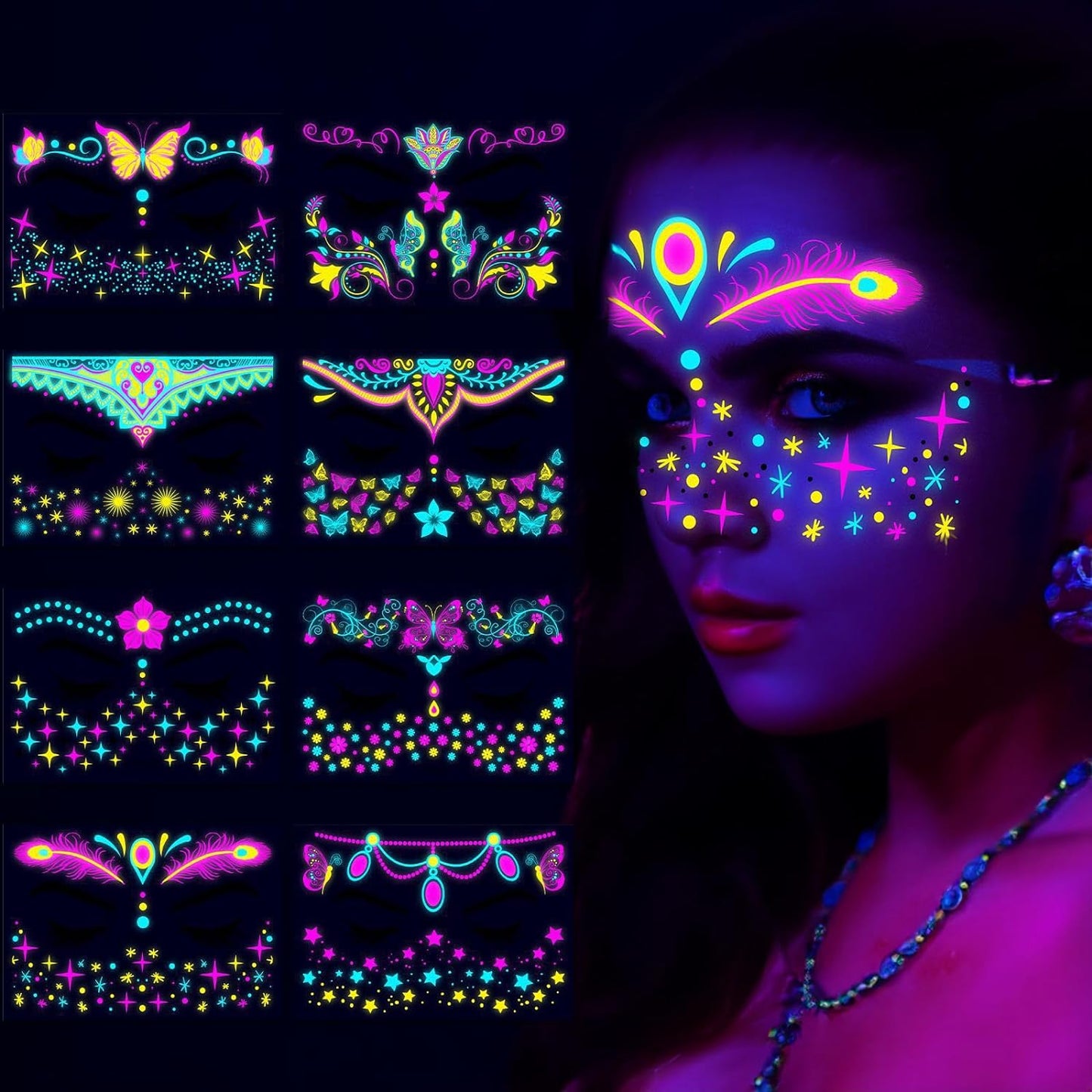 Glow in The Dark Tattoos Stickers, Fake Face Temporary Tattoos Makeup UV Neon Floral Body Paint Tattoo Stickers Decorations for Adults Girls Women Festival Bar Party Supplies 8PCS