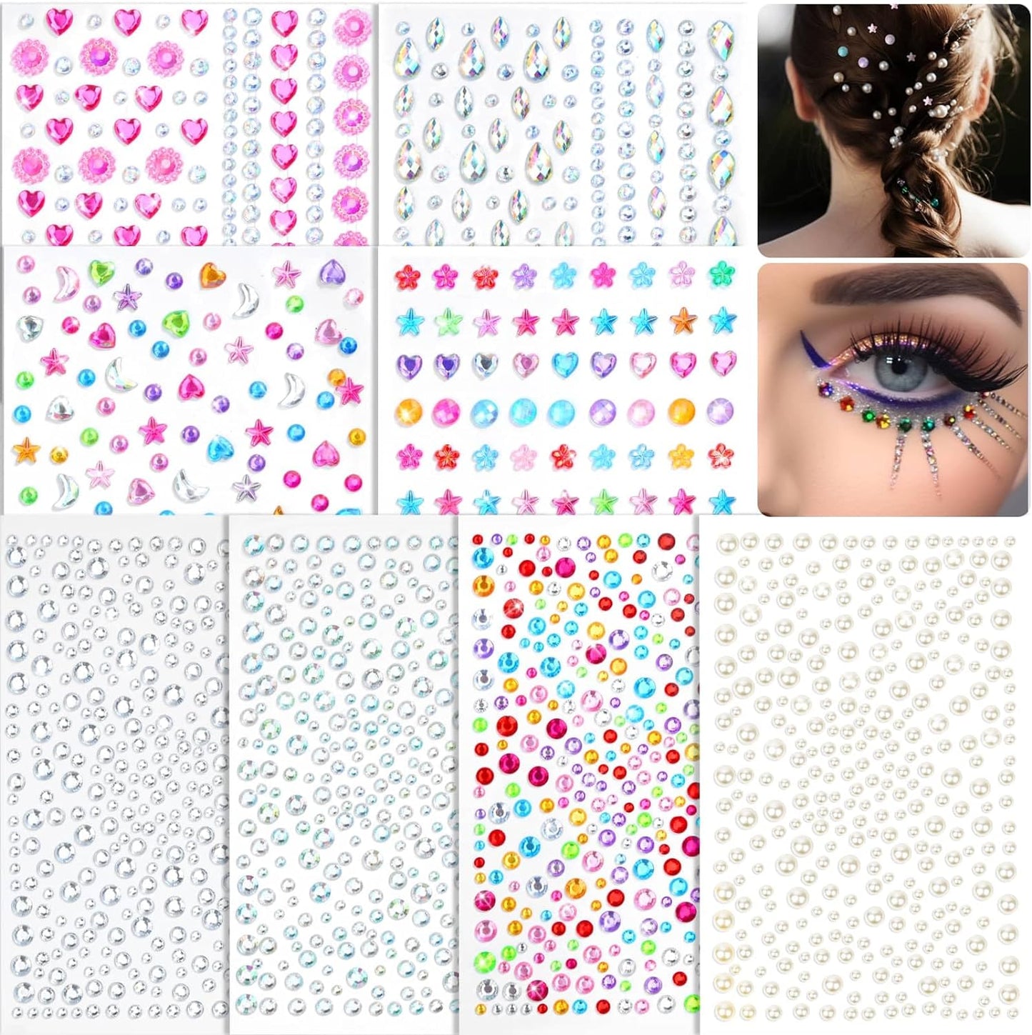 Shynek Face Gems Self Adhesive Face Rhinestones for Makeup Festival Eye Jewels, Stick On Pearls Hair Gems, Pearl Rhinestones Stickers for Face, Hair, Eye, Makeup, Nail, Body