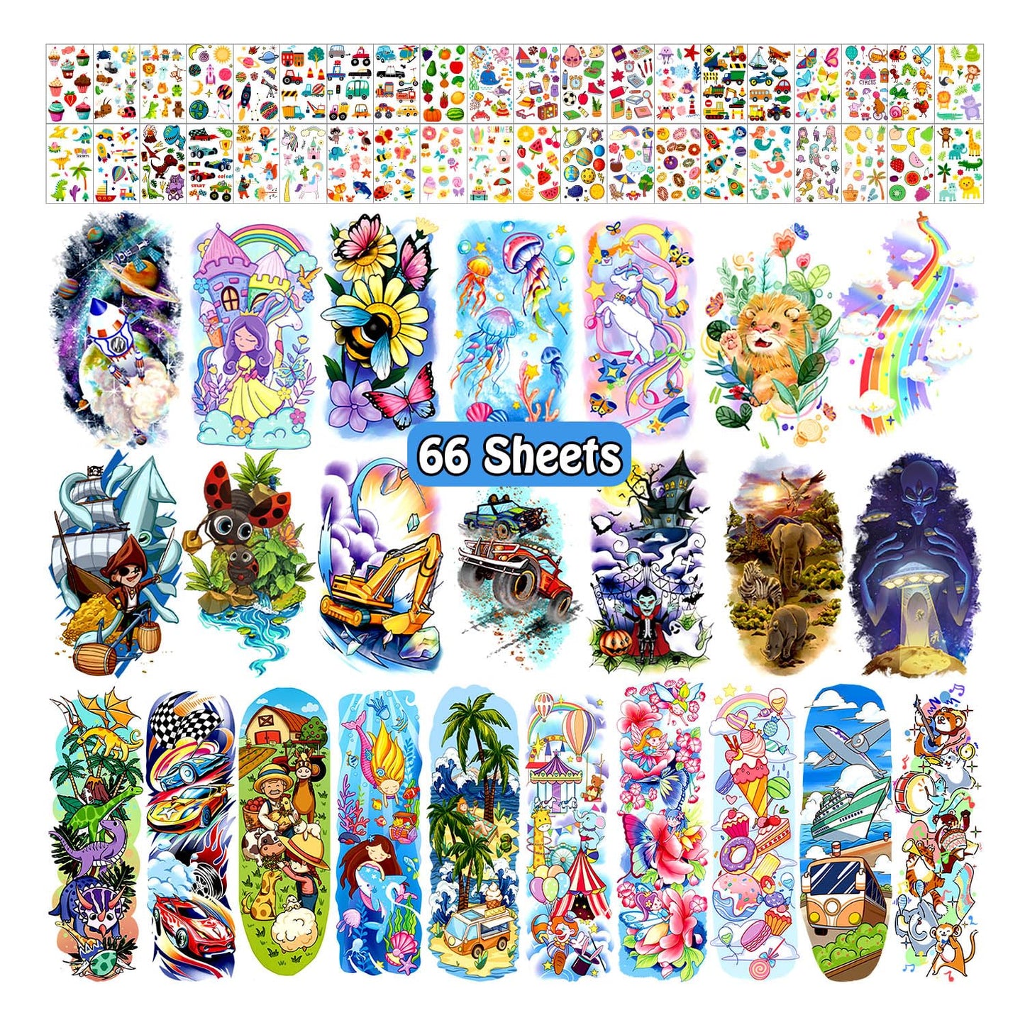 Partywind 66 Sheets Kids Full & Half Arm Temporary Tattoos Sleeves, Fake Tattoo Stickers with Dinosaur/Pirate/Cars for Boys, Unicorn/Butterfly/Mermaid Tattoos for Girls, Kids Gifts Party Supplies