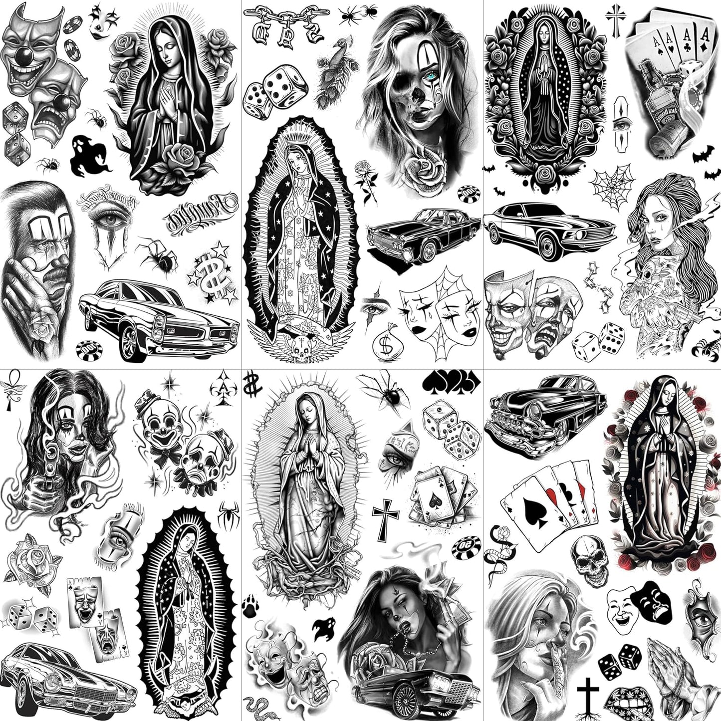 6 Sheets Chicano Temporary Tattoos For Women Men Adults Halloween Face Makeup Kit, Black Guadalupe Tattoo Stickers, Gangster Payasa Gansta Fake Tatoos Prison Familia Joker, Tatuajes Temporales