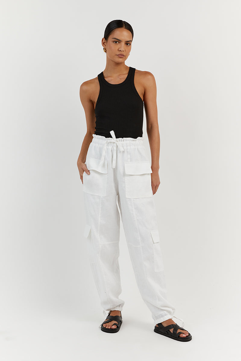 ISLA WHITE LINEN CARGO PANT Clothing DISSH Boutiques 12 WHITE