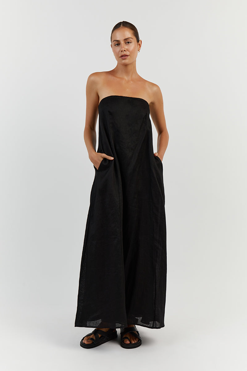 KARNEY BLACK LINEN STRAPLESS DRESS Clothing DISSH Boutiques 16 BLACK
