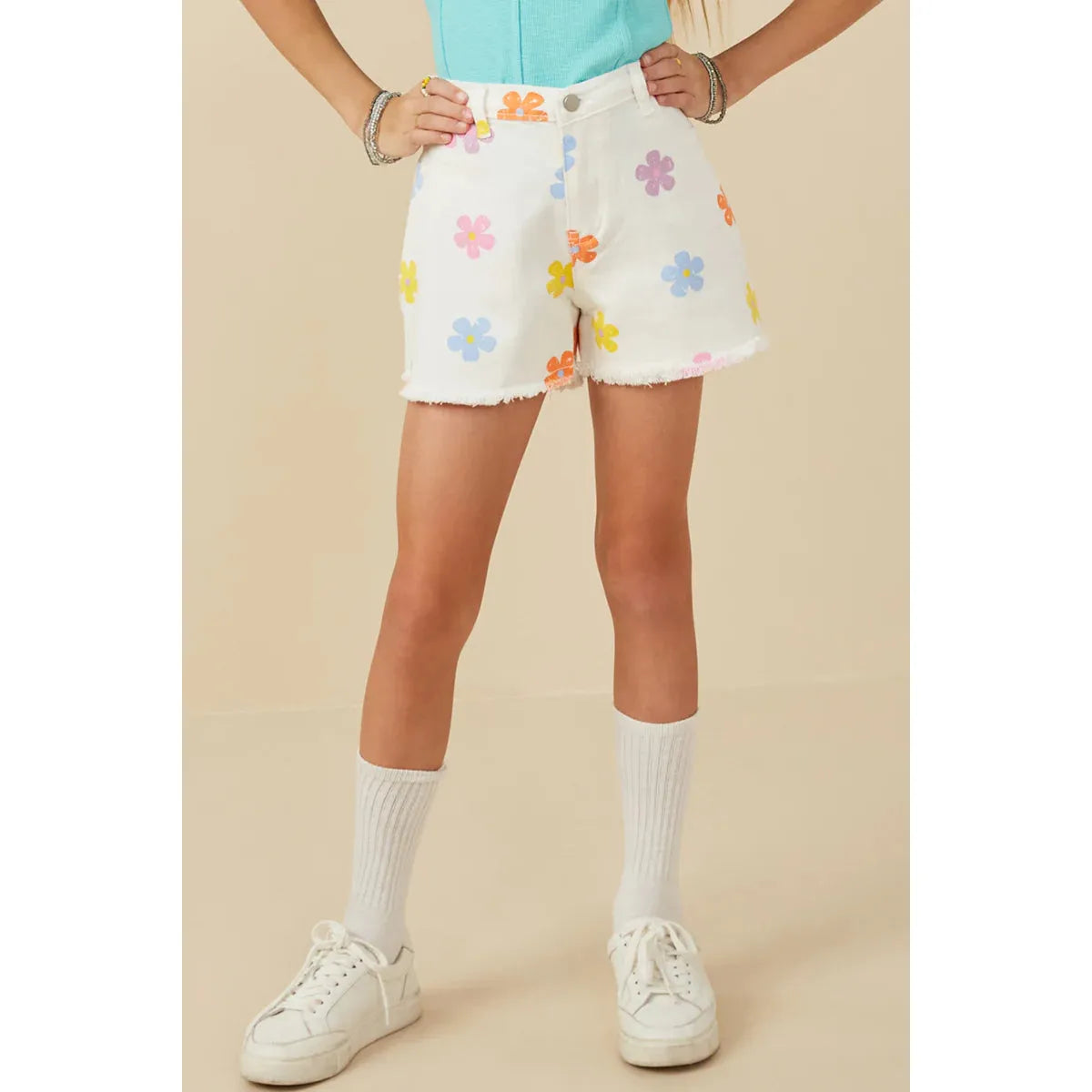 Colorful Flowers White Denim Short