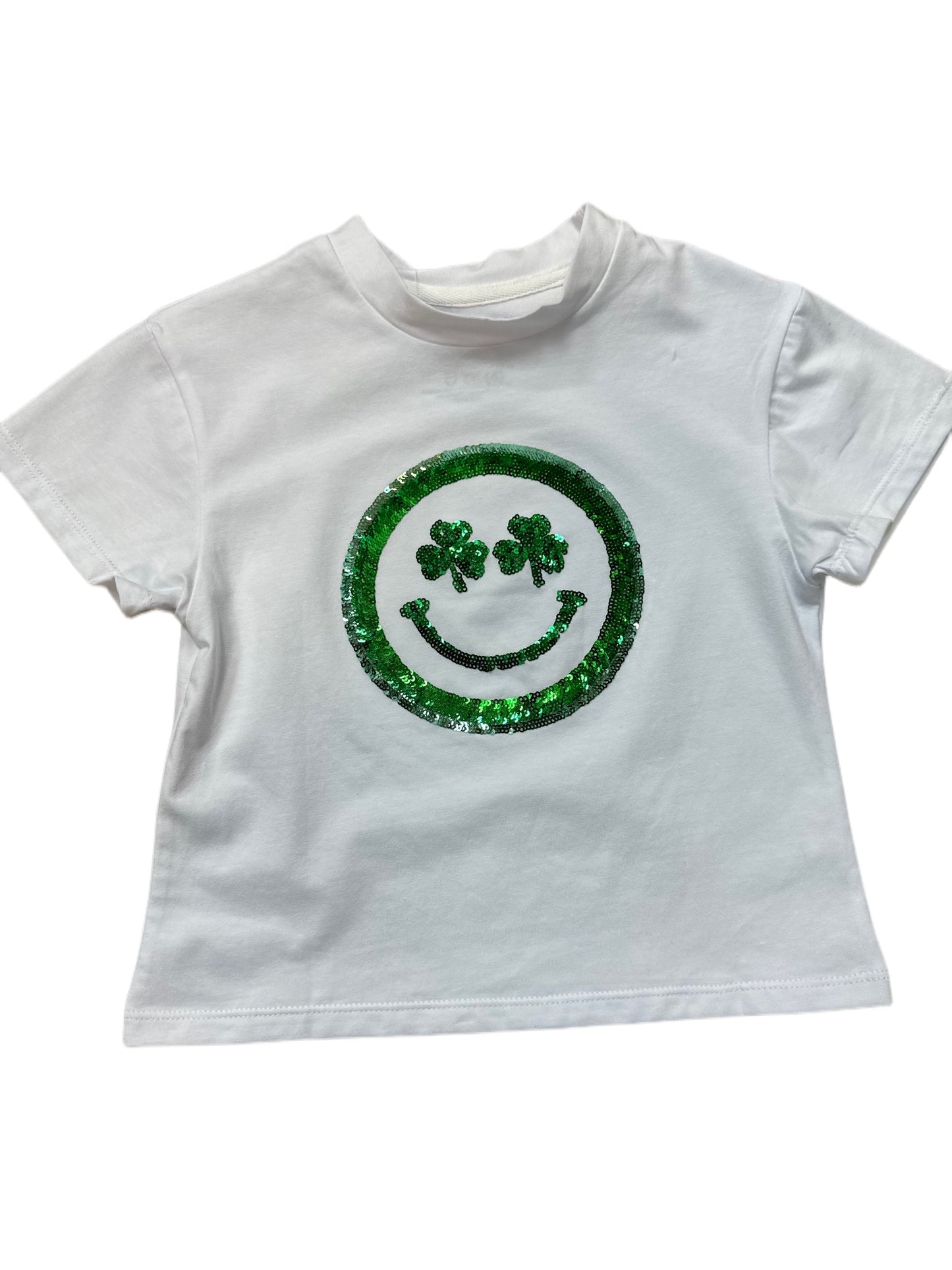 Sequin Smiley Clover Boxy Tee, White