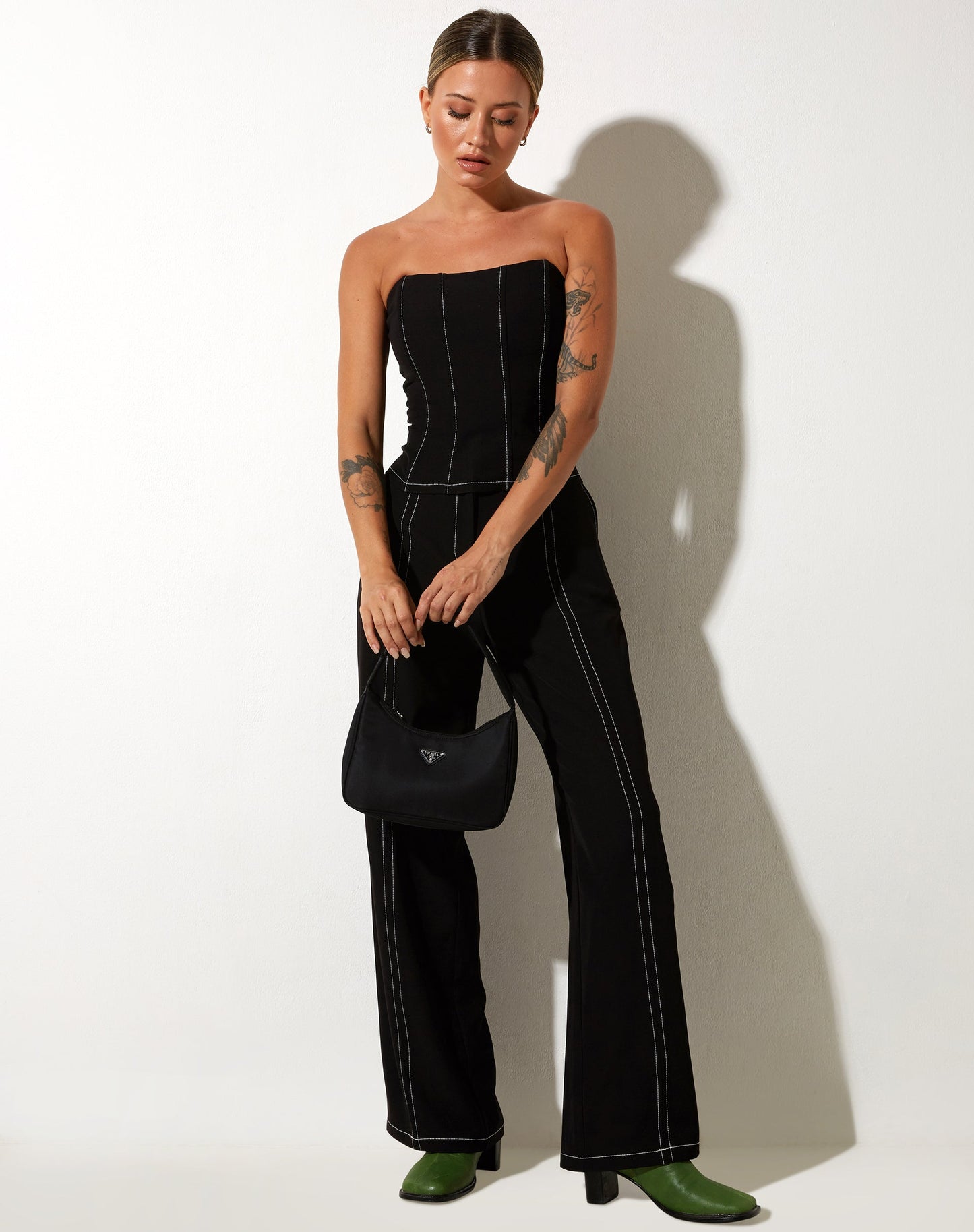 Kyana Corset Top in Black with White Stitch