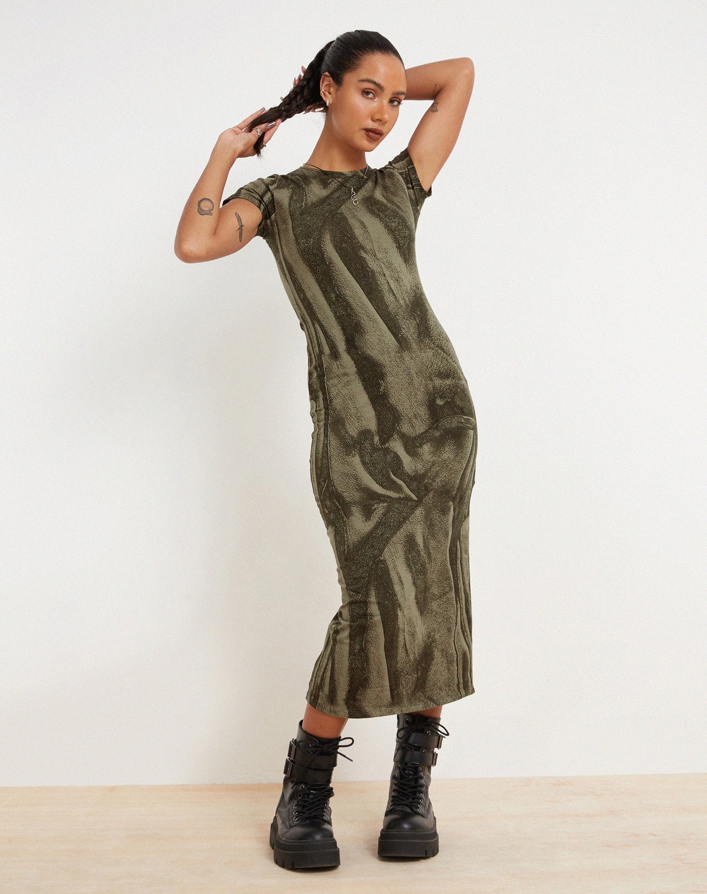 Rosika Midi Dress in Dystopian Crease Khaki