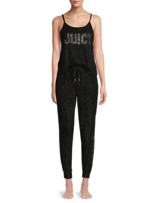 Juicy Couture Ladies Gunmetal Crystal Diamond Bling Black Velour Spaghetti Strap Tank & Pants 2-Piece Sleepwear Loungewear Set