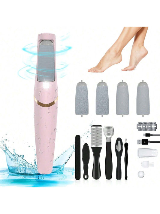 1pc Electric Callus Remover, Foot File, Rechargeable Foot File Set With 4 Different Roller Heads, Professional Pedicure Tools For Removing Cracked Heels And Dead Skin, Suitable For Foot Spa Center