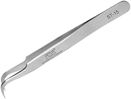 Vetus Tweezer Non-magnetic Stainless Steel Curved Slant Tip Eyelash Eyebrow Tool ST-15