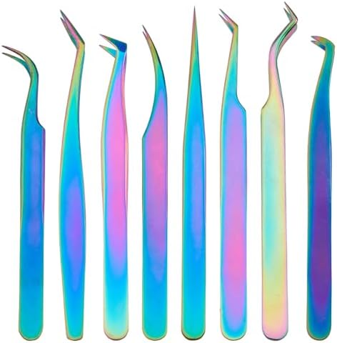 SUPERFINDINGS 8Pcs 8 Styles Eyelash Extension Tweezers Rainbow Color Eyelash Tweezers Clips Kit with Straight and Curved Tip Stainless Steel False Lash Tweezers with Plastic Case