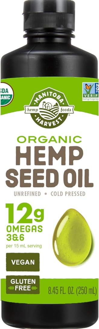 Manitoba Harvest Organic Hemp Oil, Cold Pressed, 12g of Omegas 3&6 Per Serving, Non-GMO, 8.45 Fl Oz