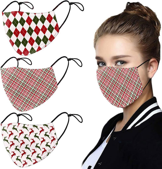 3 Pcs Christmas Face_Mask Xmas Reusable Washable Cloth Mask Red Green Buffalo Plaid Deer Elf Design Luxury Mouth Cover New Year Facial Shield Adult Winter Face Protection Shield Balaclava Adjustable Ear Straps