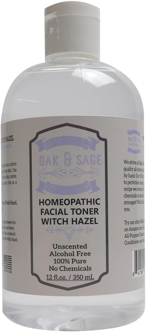 Oak & Sage Homeopathic Facial Toner Witch Hazel Unscented - 12oz Astringent, 100% Pure, No Alcohol, No Additives