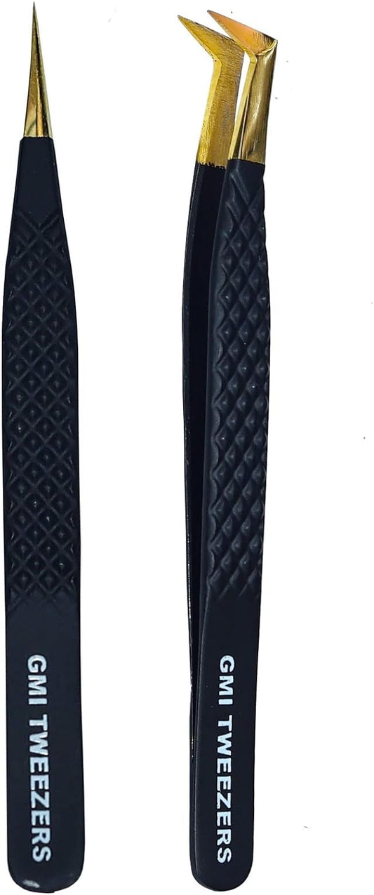 2pcs Black Straight and L-Shaped (Boot) Gold Pointed Eyelash Tweezers for Lash Extension - Stainless Steel Precision Tweezers for Volume and Classic Lashes - False Eyelash Extension Kit.