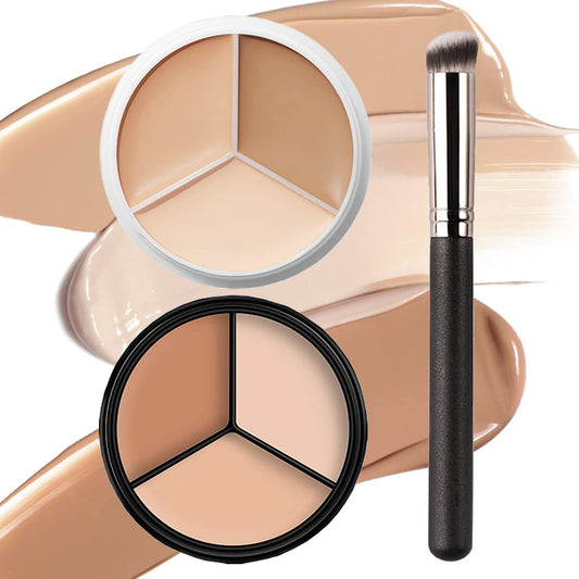 Alisesun 2 Pcs Tri-Color Concealer, 3 IN 1 Color Correcting Concealer Cream with Brush, Face Cream for Contour & Highlight, Conceals Dark Circles Blemish, Moisturizing & Long Lasting (01#+04#)