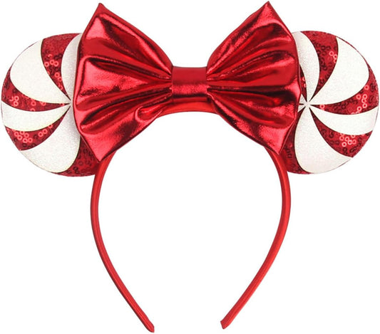 Christmas Mouse Ears Headband Peppermint Snowflakes Hairband Sequin Bow Hair Hoop Headpiece for Party Favors