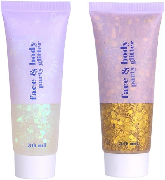 2 Colors Face and Body Glitter Gel,Holographic Cosmetic Laser Powder Festival Glitter Makeup,Sequins Shimmer Liquid Eyeshadow,Singer Concerts Music Festival Rave Accessories-100ML(White+Gold)
