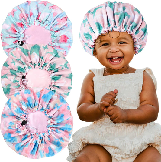 3PCS Kids Satin Bonnet Sleep Cap Adjustable Silk Cap for Curly Hair Double Layer Reversible Night Hats for Baby Teens