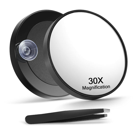 30X Magnifying Mirror, 3.5 inches Magnified Makeup Mirror and Slant Tweezers with 2 Suction Cups, Black, 1PCS