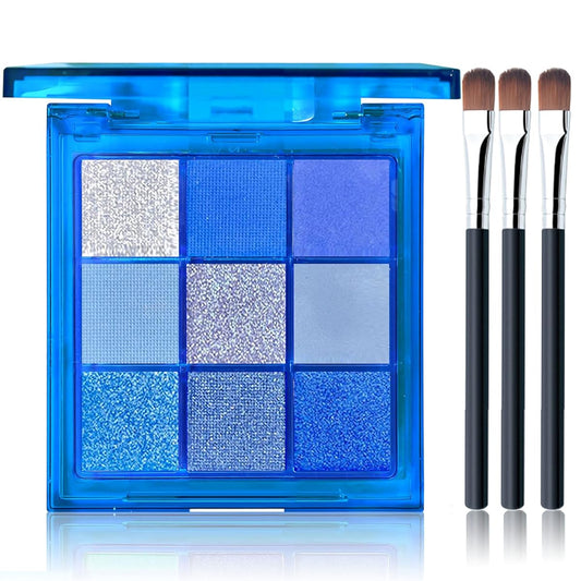BliBling 9 Colors Blue Eyeshadow Pallete Makeup, Matte Glitter Highly Pigmented Eye Shadow Pallete Waterproof Shimmery Metallic Eyeshadow Set (blue)