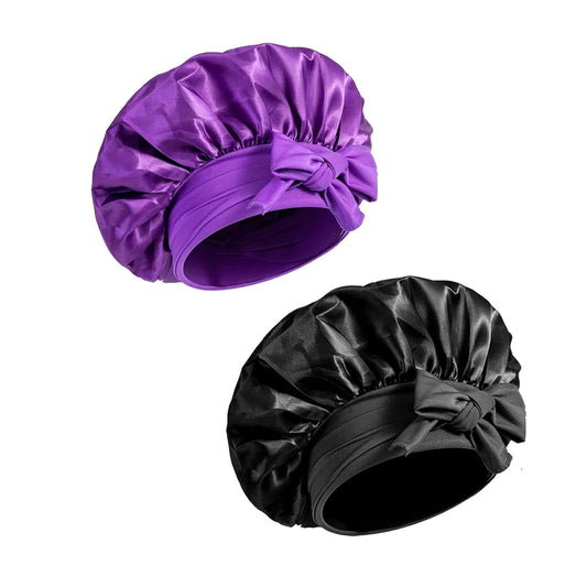 Women Satin Silk Bonnet - Bonnets for Black Women Large Satin Bonnets for Braids Sleeping (Black & Purple)
