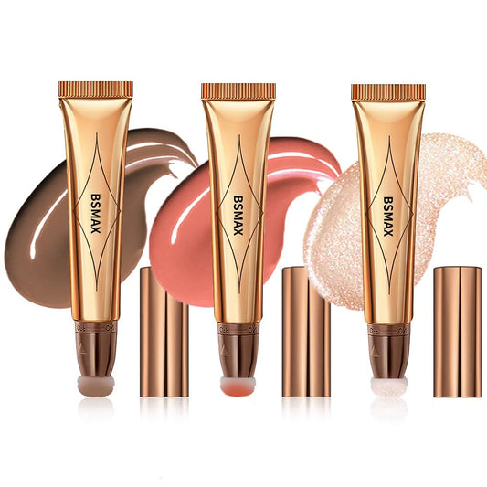 3 Pcs Liquid Contour Beauty Wand Set, Contour & Blush & Highlighter Stick with Cushion Applicator_ Attached Easy to Blend, Long Lasting & Smooth Natural Matte Finish (01#02#04)