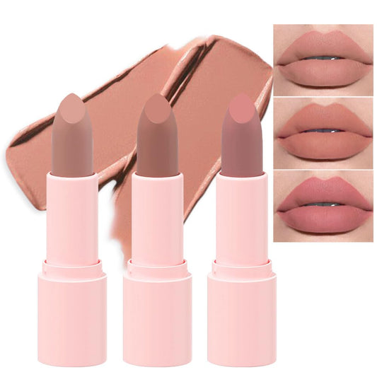 CAKAILA 3Pcs Nude Pink Beige Velvet Matte Crayon Lipstick Makeup Sets,Long Lasting Waterproof Smudge Proof Non-Stick Cup Non-Drying 24 Hours Women Matte Lip Stick
