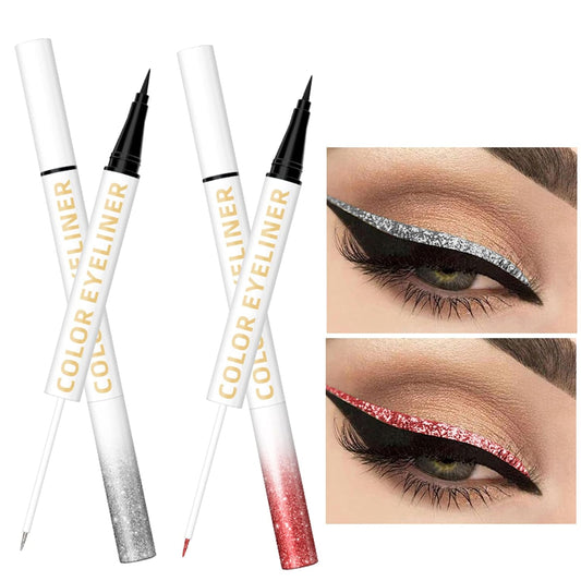 2 in 1 Glitter Liquid Eyeliner Makeup Pen, 2Pcs Sparkling Shimmer Eye Liner Pen Metallic Satin Finish Colorful Sparkle Eyeshadow Pen Waterproof Smudge-proof Longlasting High Pigmented (03#&04#)