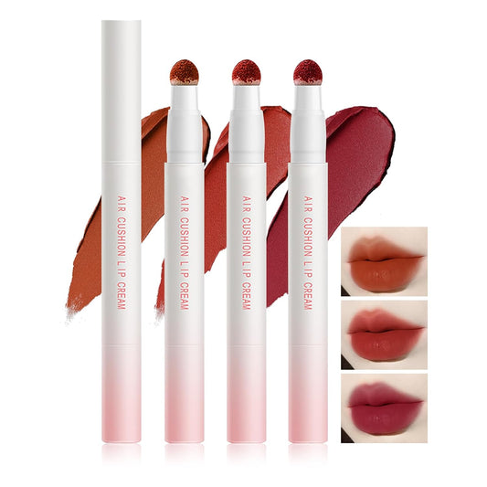 DAGEDA 3PCS Matte Lipstick Set, Nude Lipstick Long Lasting Liquid Lipstick Lip Cream with Powder Puff, Smooth Velvet Lip Stick Highly Pigmented Lipstick for Women Girl Lip Makeup(A)