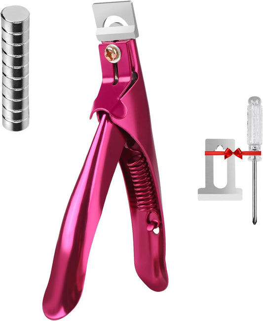 Nail Clippers Acrylic Nail Cutter for Nail Tips, with Magnet Sizer Length Measurement,Adjustable Stainless Nail Trimmer Manicure Tools for Home Nail Art (Rose red)