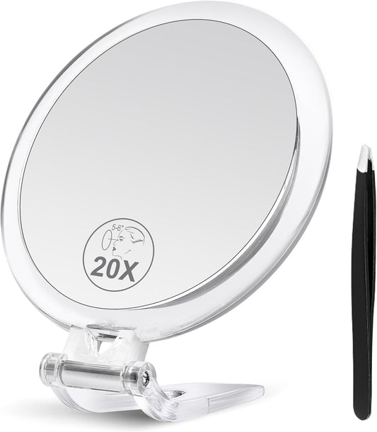 B Beauty Planet 20X Hand Mirror, Magnifying Mirror with Handle and Tweezers, 270 Degree Rotation Desk Mirror, Travel Magnifying Mirror for Adjustable Handle, 20X Makeup for Apply Eyelashes