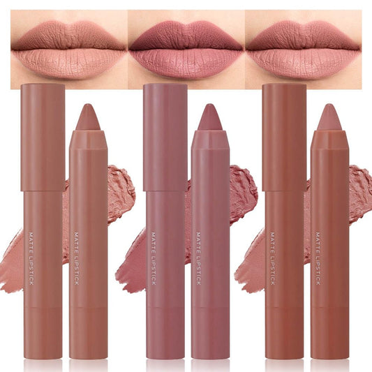 3 Colors Matt Nude Lipstick Lipliner Lip Crayons Pack Set,Velvet Moisture Smooth Matte Lipstick Pencils,Waterproof&Waterlasting,#02#04#06
