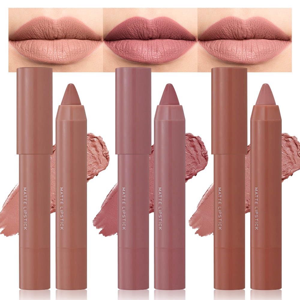 3 Colors Matt Nude Lipstick Lipliner Lip Crayons Pack Set,Velvet Moisture Smooth Matte Lipstick Pencils,Waterproof&Waterlasting,#02#04#06