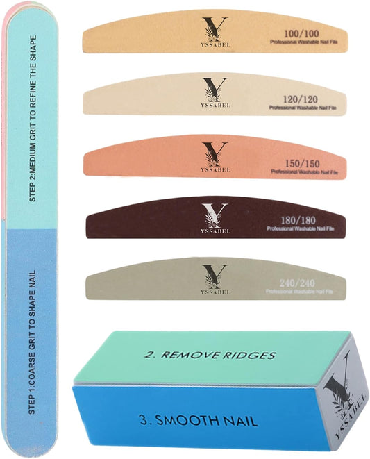 Professional Nail Files Bundle. Get Effortlessly Perfect Nails with Yssabel's 5 Washable Nail Files, 4-Sided Nail Buffer File, and 7-Way Nail File. Precision, Style, & Convenience All in One Set!
