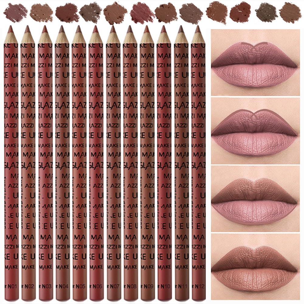 12 Pcs Natural Nude Brown Beige Colors Lip Liner Lipstick Pencils Set for Daily Makeup,Easy to Apply & Remove,Waterproof (B)