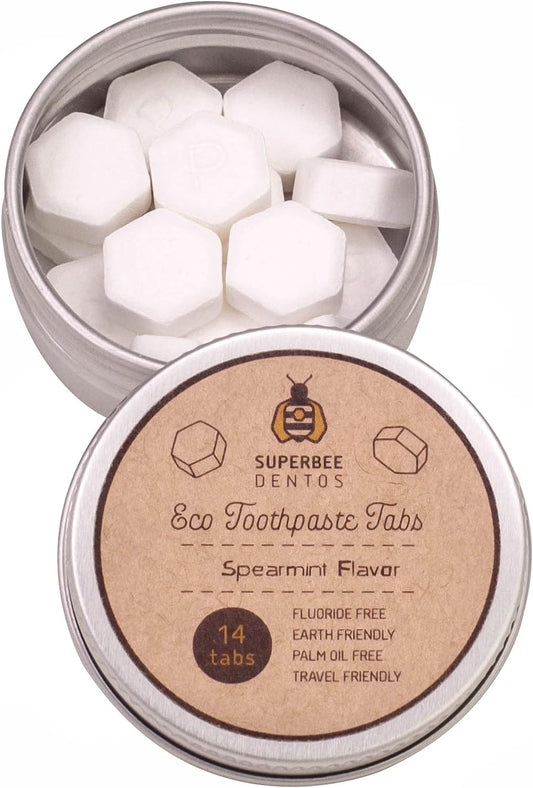 SuperBee Dentos Toothpaste Tablets, 14 Toothpaste Tabs, Fluoride Free & Eco Friendly, Travel Mouthwash Tablets, Sensitive Toothpaste Bites Kids Adults, Chewable Toothpaste Tablet, Spearmint
