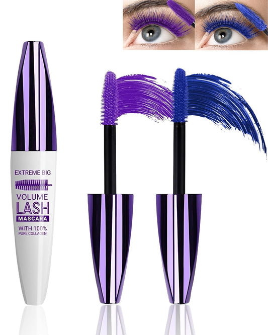 5D Colored Mascara Volume and Length-2Pcs Blue Purple Waterproof Smudge-proof Mascara for Eyelashes, Best Volumizing Lengthening Curling Eye Lashes, Cosplay Party Stage Use, Women Girl Makeup Gift