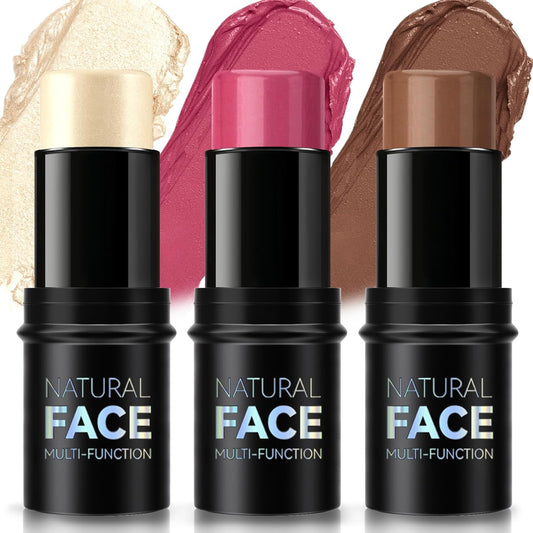 HOSAILY 3Pcs Cream Contour Highlighter Blush Stick for Cheeks, Lightweight Blendable Matte Dewy Finish Blush Waterproof Long Lasting Contour Bronzer Stick Trio Wand Face Makeup Set for Girls and Women