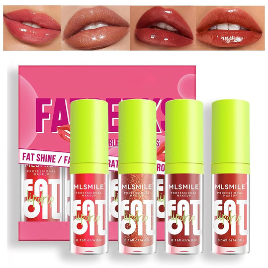 Qawnfy 4 Colors Lip Oil Lip Glaze, Fat Oil Lip Drip Hydrating Lip Glow Oil Big Brush Head Moisturizing Lip Gloss Long Lasting Nourishing Non-sticky Fresh Clear Smooth Tinted Plumping Lip Oil (B#)