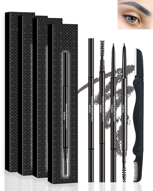 LYSdefeu Eyebrow Pencil - 4 Pcs Professional Micro Brow Pencil Kit with Brow Razor, Longwear Waterproof Eyebrow Makeup with Dual Ends, Ultra-Fine Mechanical Pencil for Women Eye Makeup Ð 02 Grey