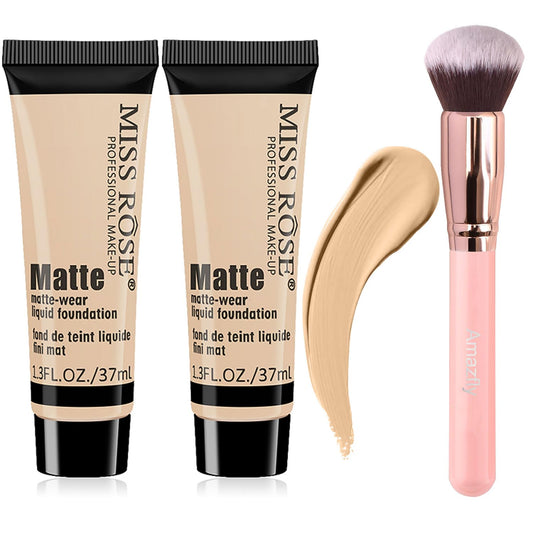 2 Pcs Matte Oil Free Concealer Makeup Foundation Cream, Professional Make-up Base Facial Matte Full Coverage Liquid Tattoo Concealer Hide Foundation Primer Makeup Repair Kit, Long-Lasting Waterproof-1oz/Jars, Makeup Brush Include (BEIGE 5)