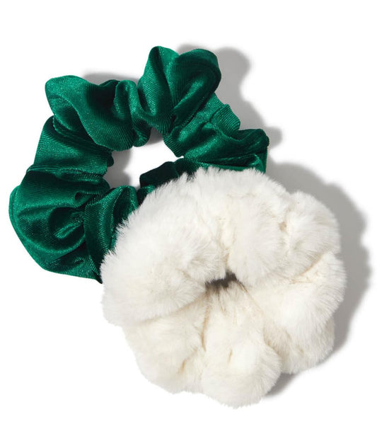 Elf x Kitsch Scrunchies for Women's Hair - Fur Hair Scrunchies & Velvet Scrunchies | Medium Hair Ties for Women | Hair Tie Scrunchies for Girls | Scrunchie, 2pc (Green Velvet & White Faux Fur)