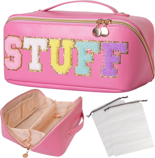 Vogewood Personalized Makeup Bag - Large Capacity Initial Cosmetic Bag Monogram, Large Opening Cosmetic Bag with Dividers and Handle, Open Flat for Easy Access, PU Leather, Toiletry Bag Gift for Women
